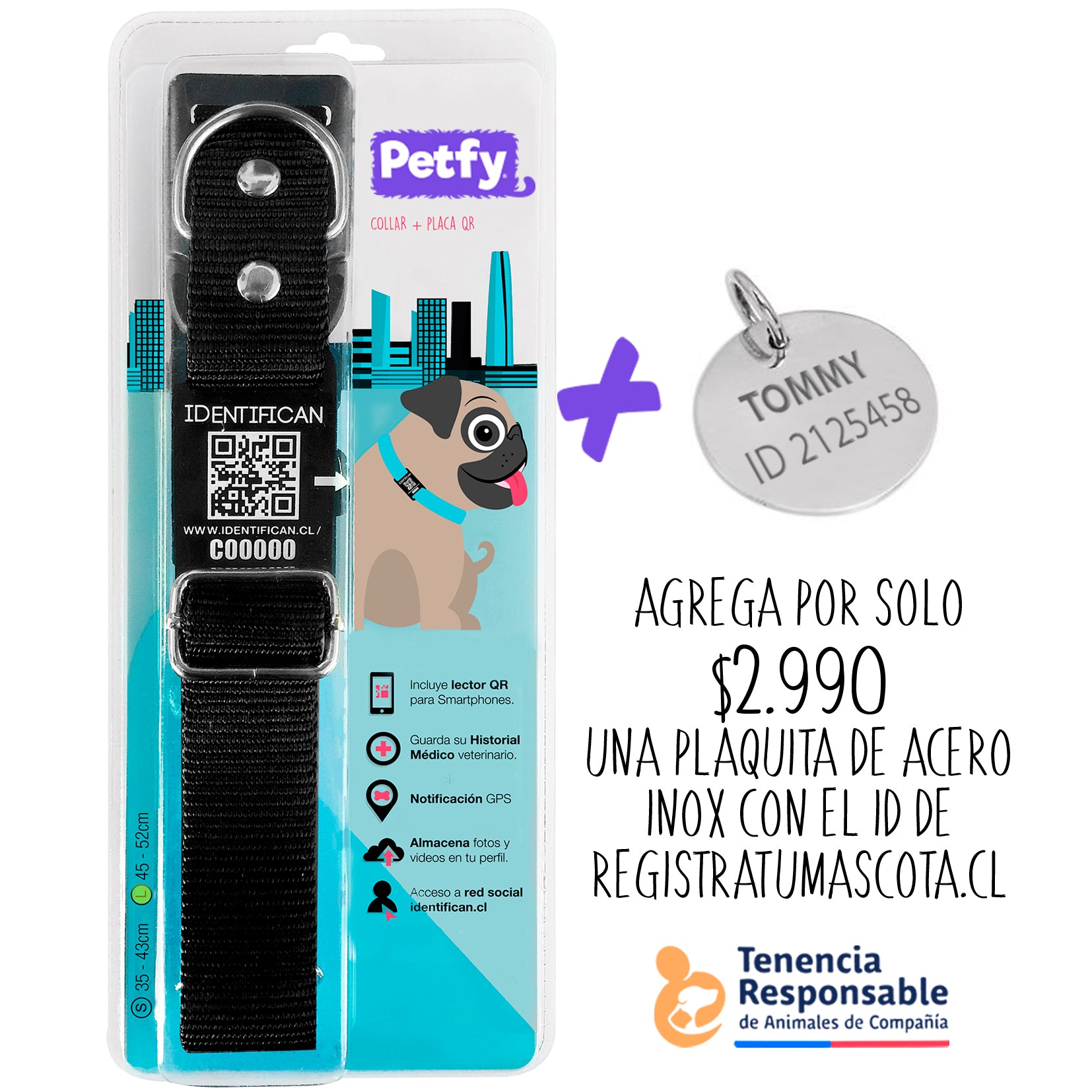 Collar Grande Petfy ID  Negro - Tienda Petfy